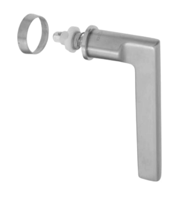 Metal door handle and lock mechanism on a white background